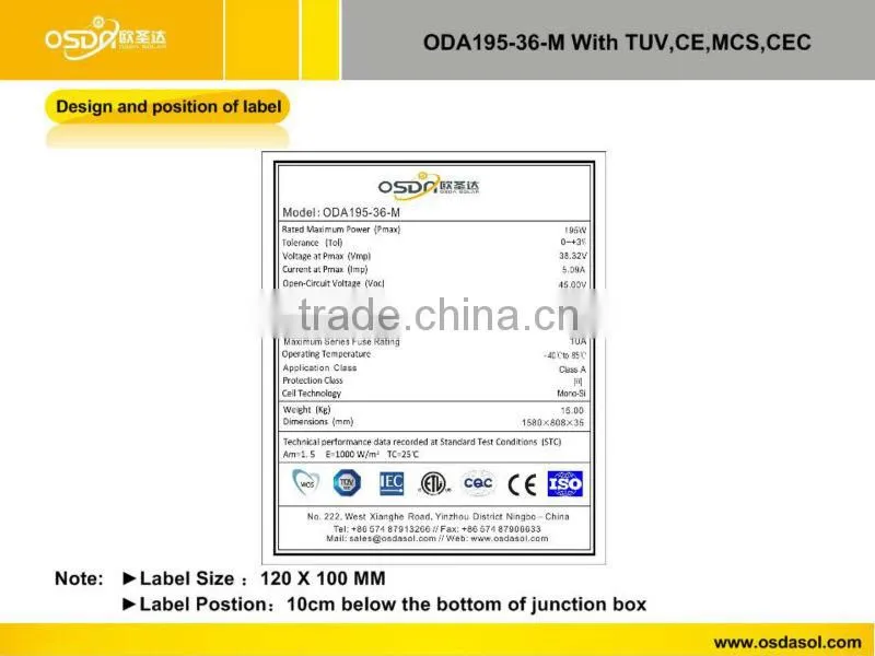 TUV MCS CEC certificated monocrystalline 195W solar panel