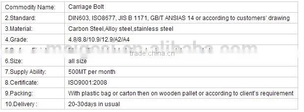 DIN603 Carriage bolt, made of carbon steel and stainless steel, 15 to 300mm length