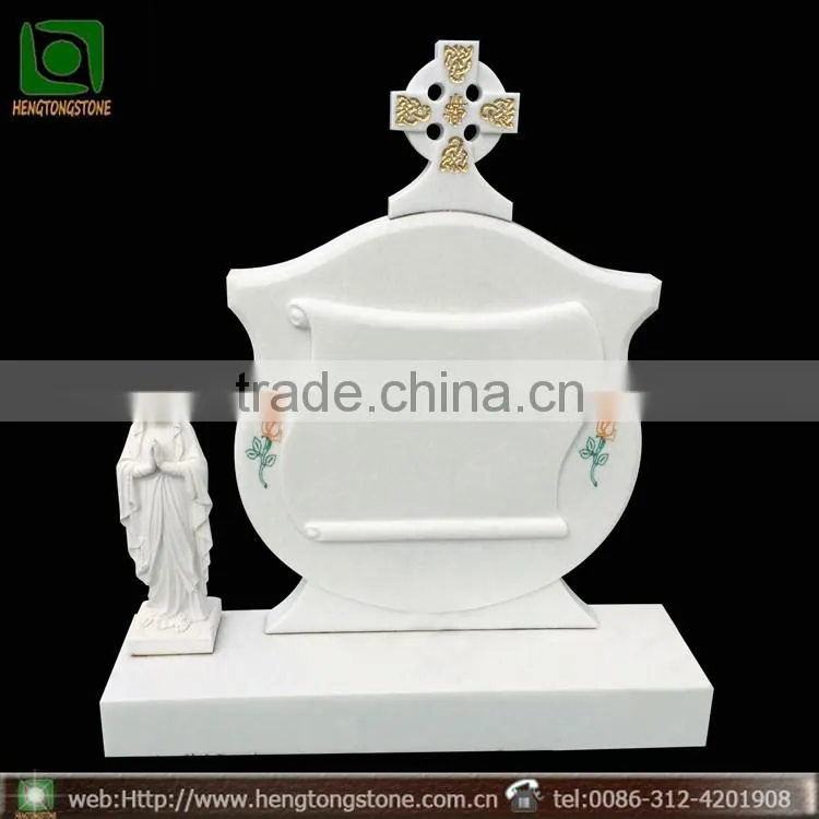 White Marble Grave Headstone with Virgin Mary Statue