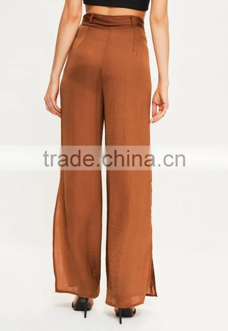 Wholesale ladies brown tie waist wide leg split side pants women wide leg satin pants
