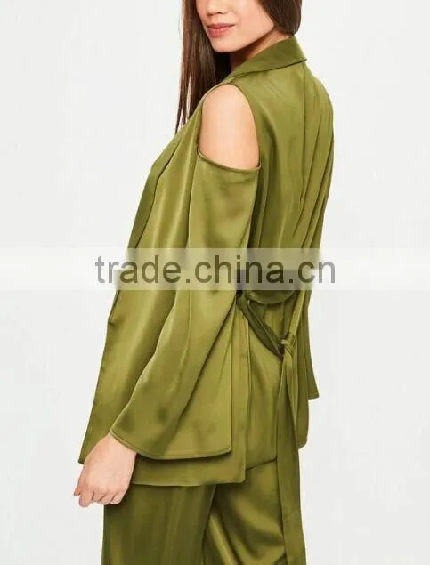 Picture of office ladies cold shoulder tie waist satin blazer green two piece sets for office ladies