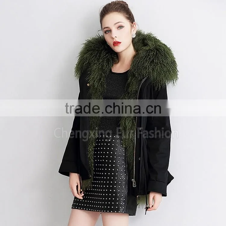 CX-G-P-15 Real Mongolian Lamb Fur Lining Fur Parka Coat for Women