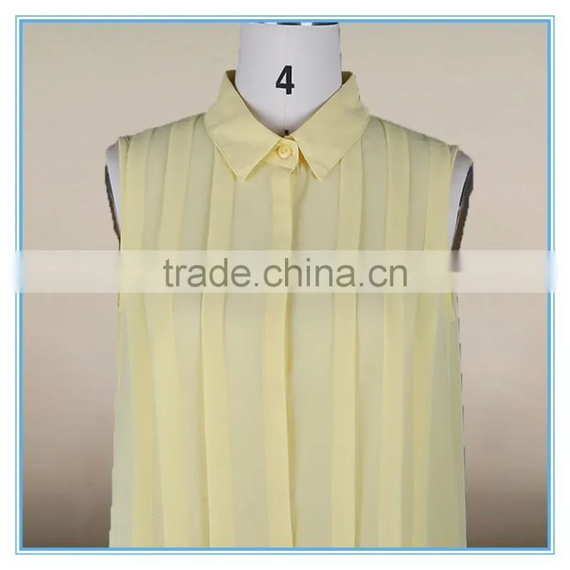 Fashion Ladies Fancy Sleeveless Tops Chiffon Yellow Shirt Pleated Design