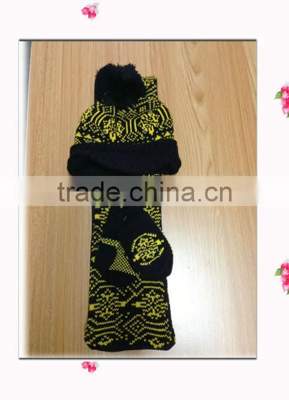 Various design Jacquard fashion winter knitted scarf hat glove sets