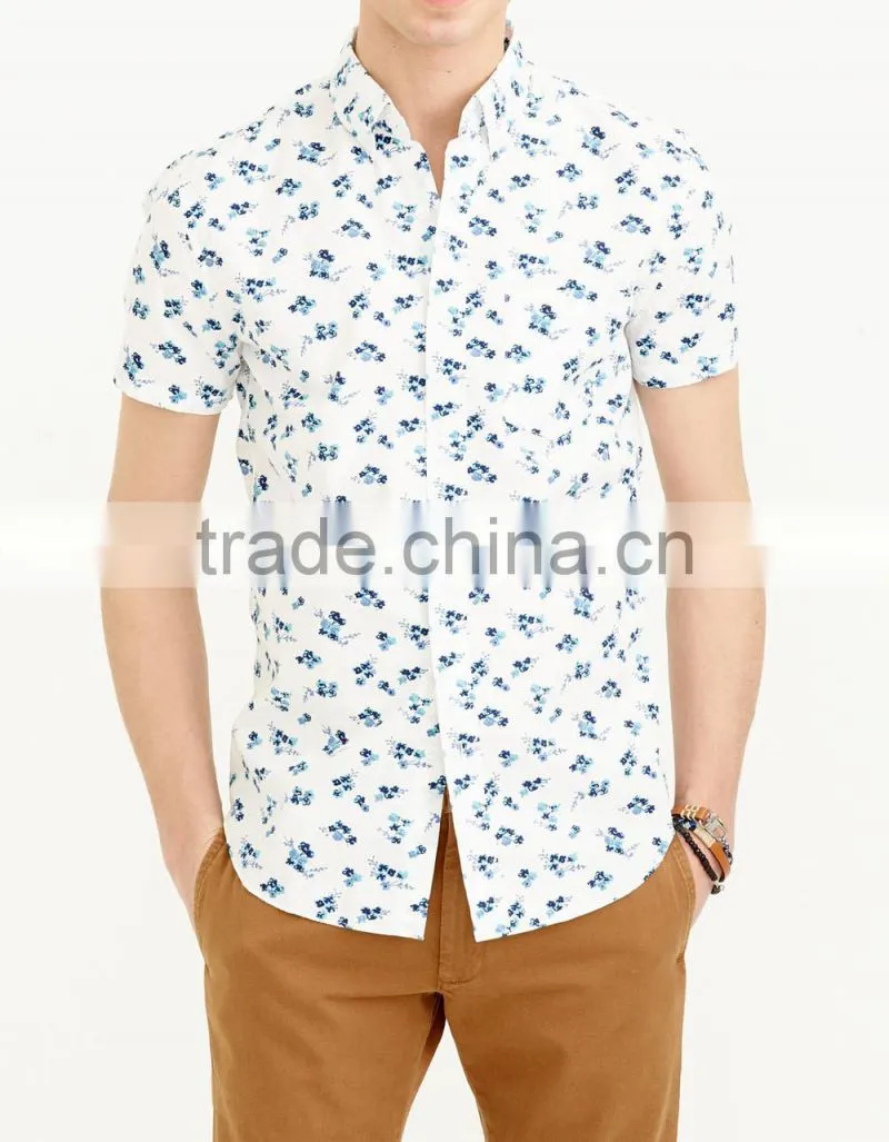 2015 latest style cotton mens custom shirt button-down collar short sleeve shirt in seaport floral print