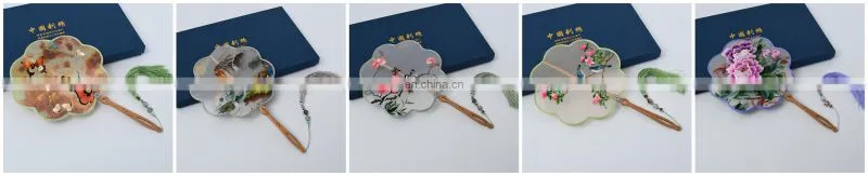 Chinese style multi-pattern silk embroidery handmade fan with wooden handle and tassel pendant