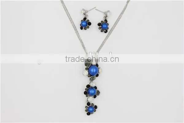 Popular blue 3 flowers pendant necklace fancy necklace and earring fashion jewelry set