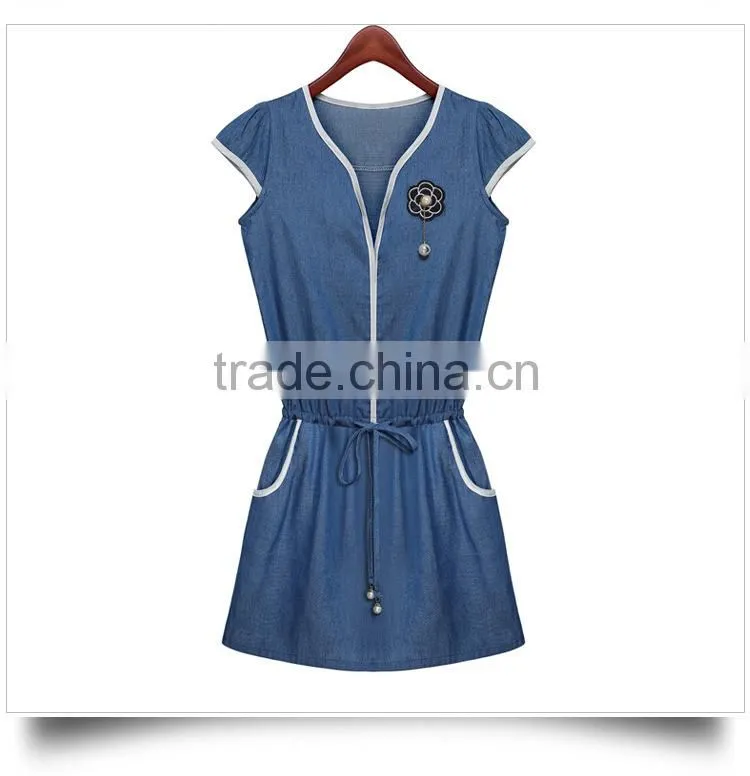 2015 Casual Women Newest Denim Dress High Qality Sleeveless Ladies fashion Denim Dress With flower