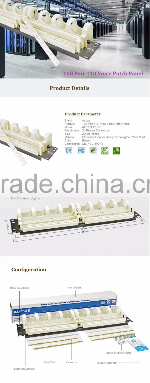 Manufacture 100 Pairs RJ11Patch Panel, Cat3 Voice Patch Panel, 110 Type Telephone Patch Panel
