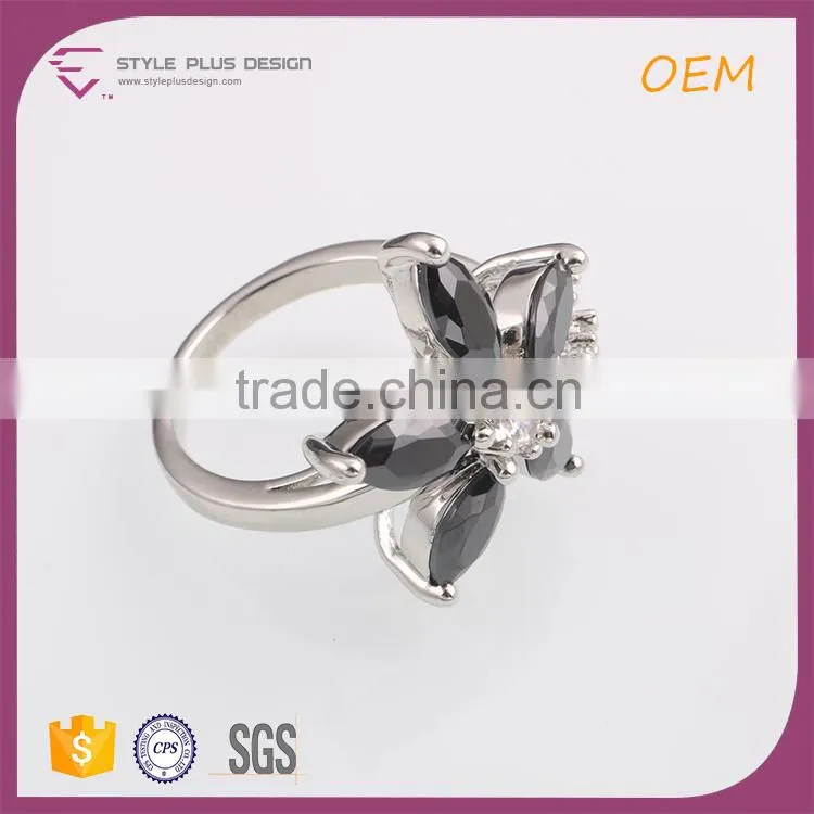 R63425K01 China wholesale jewelry silver plated with black coral stone ring designs black flower ring for women