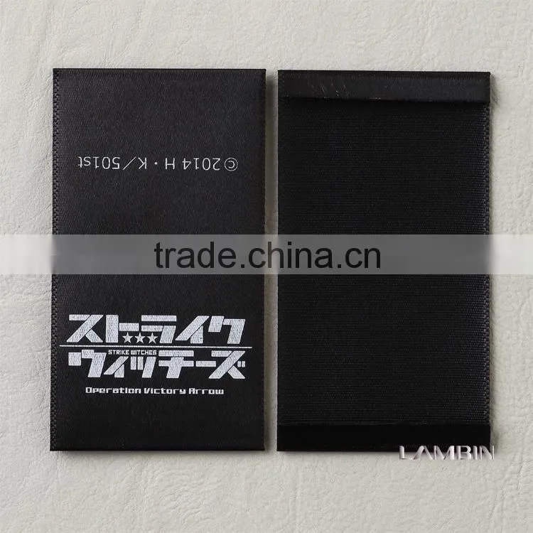 High density black damask printed label for trousers silk screen printed black satin ribbon labels for clothing