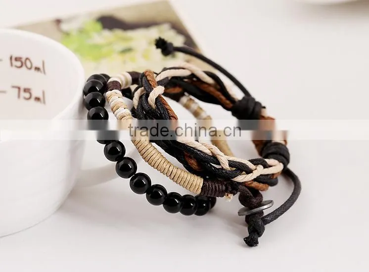 wood bead custom leather braided bracelet, leather beaded wrap bracelets