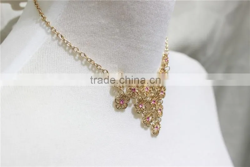 Gold Tiny Flowers w/Rose Diamond Jump-Ring Connected Necklace Simple Chain Gold Necklace2016 Fashion Style Wholesale