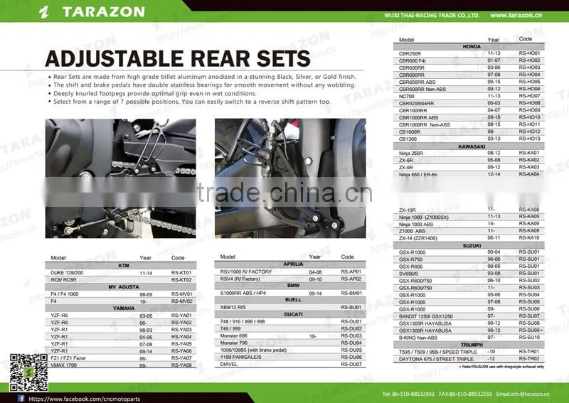 CNC Alloy Aluminum Adjustable Motorcycle Rearsets Rear set For Honda CBR600RR CBR1000RR CBR900RR