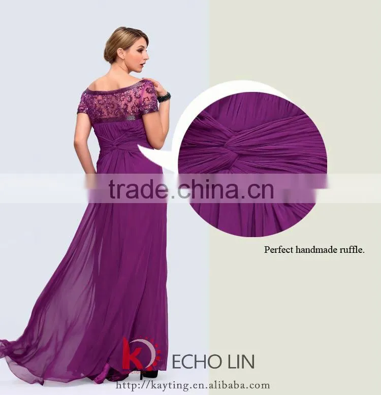 2014 Latest design short sleeve beaded and ruffle chaozhou evening dress