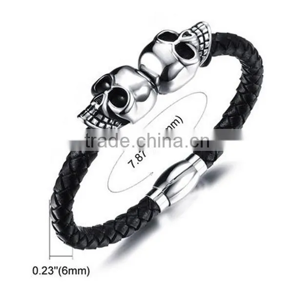 Popular Sell Leather Magnetic Clasp Skull Bracelet Design