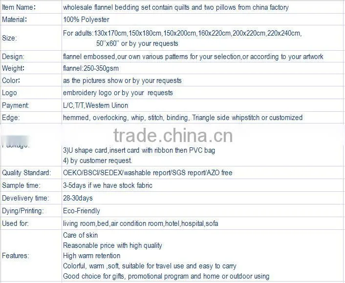 wholesale flannel bedding set contain quilts and two pillows from china factory