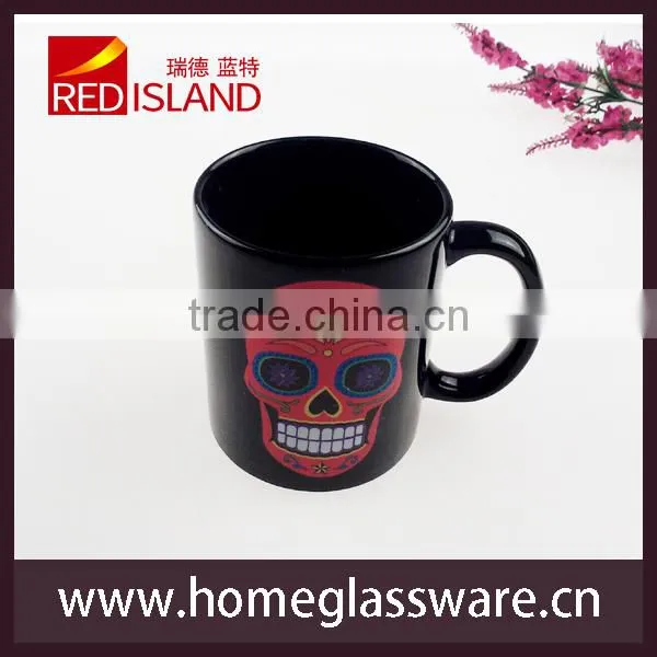 11 oz black ceramic coffee cup mug with skull pattern