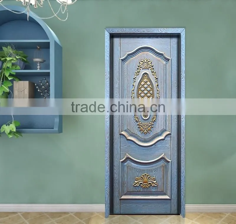 Luxury French Baroque Style Solid Wood Carved Blue Door with Golden Frame BF11-09223c