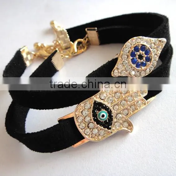 rhinestone inlaid hamsa hand evil eye charm suede leather bracelet