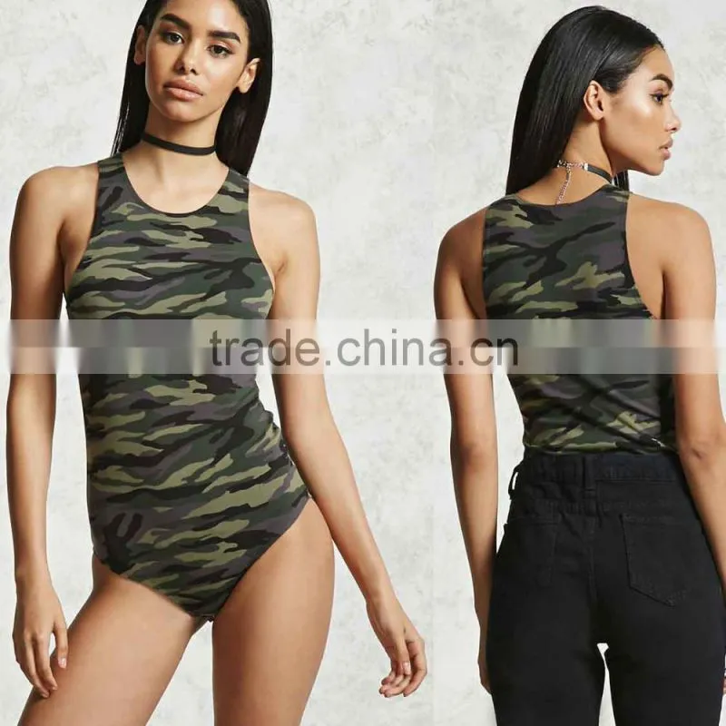 adult Sexy bodysuit Round Neckline snap-button closure Camo Print bodysuit thong