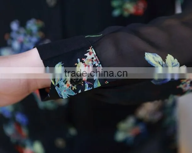 Hot black floral print chiffon shirts for woman chiffon long sleeve chiffon tops