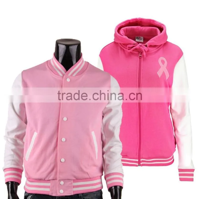 Cheap custom pink varsity jackets, wholesale satin baseball jackets, hooded jackets made in China
