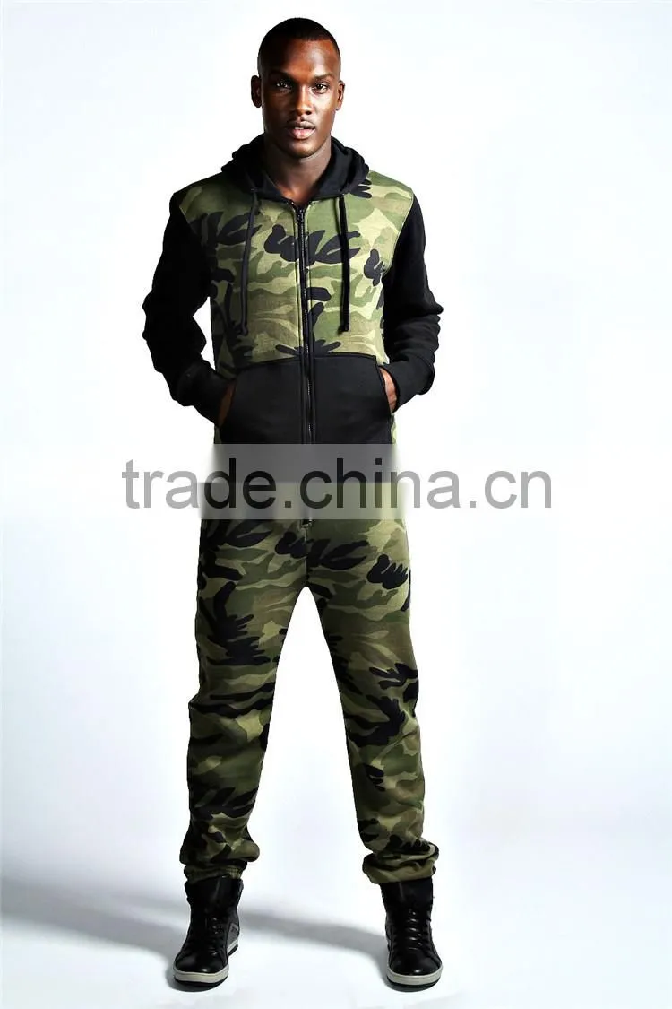PA0019A wholesale camo printed adult onesie with black sleeves and pocket
