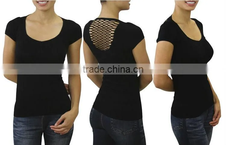 Black plain lady t shirts skin tight womens short sleeve t shirt