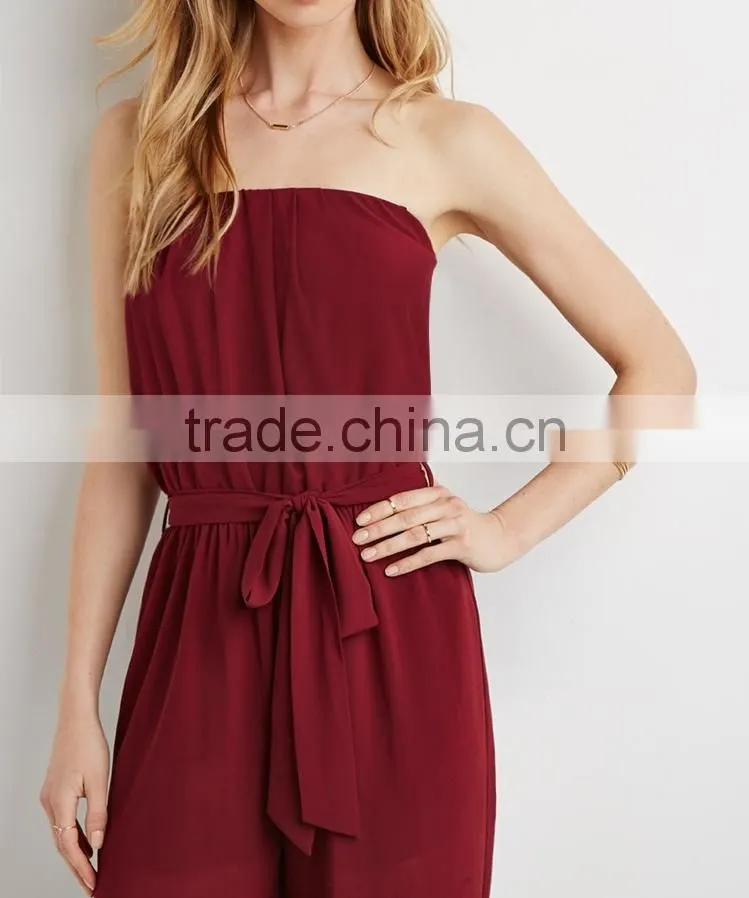 Strapless Chiffon long pants Jumpsuit with self-tie sash belt