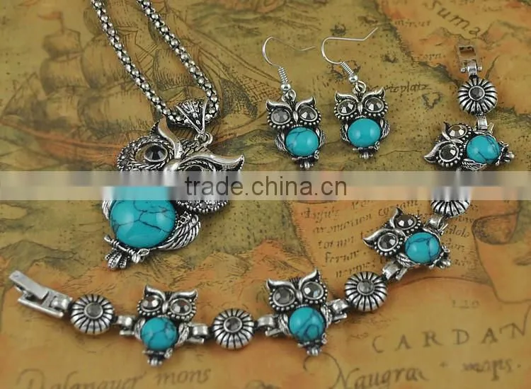 Top Green Red Blue Turquoise CZ Owl Necklace Bracelet Earrings Vintage Silver Jewelry Set