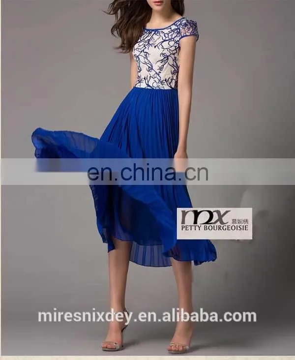 Women Emboridery Chiffon Dress with Short Sleeve