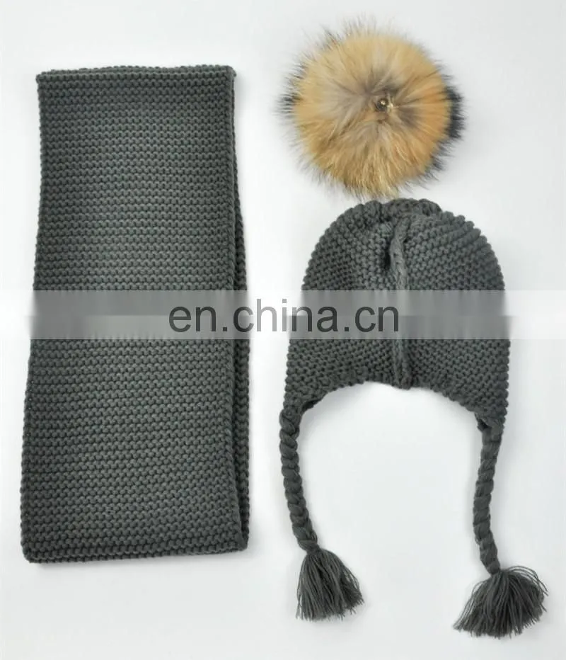 Kids Customized Design Wool Collar Raccoon Fur Pom Cashmere Knitted Hat and Scarf
