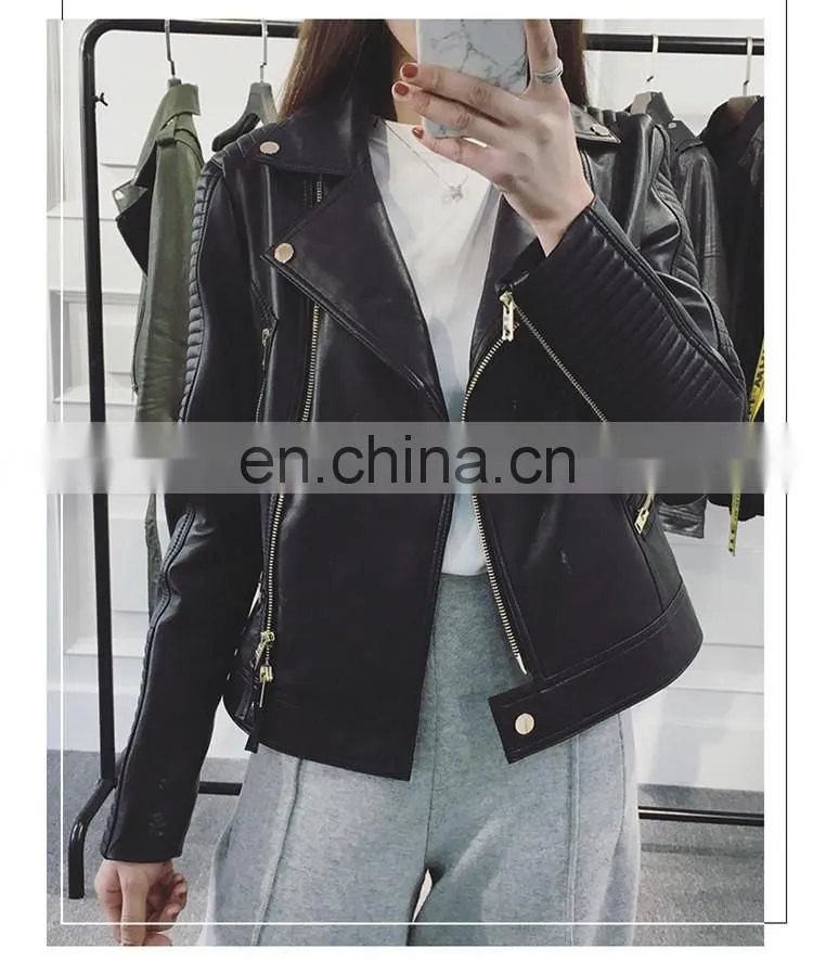 Wholesale Spring Female Long Sleeve Short Beaded Motorcycle Jacket Excelled Leather Jacket