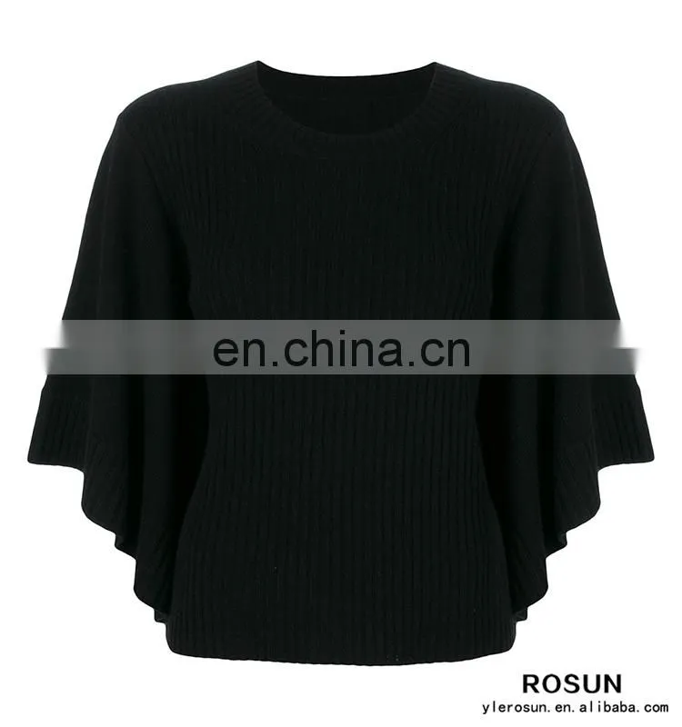 Women crew neck cashmere bat sleeves knitted ribbed top