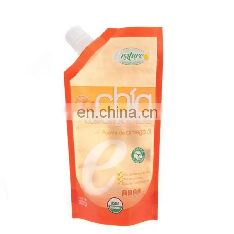 Custom reusable fresh organic juice plastic drink pouch with spout packaging in high quality