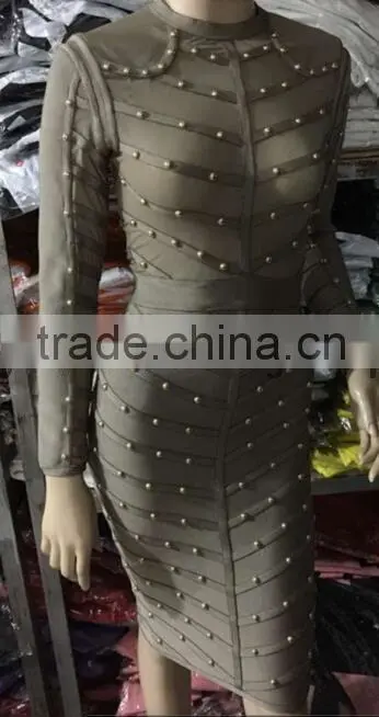 Summer dress army green black long sleeve mesh sey party women beading bandage Dress Bandage Bodycon Women Wearing