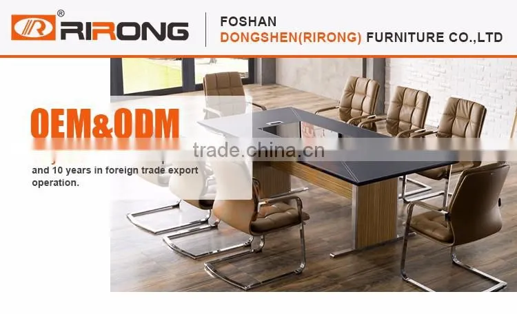 Luxury office furniture decoration black tempered glass top leather cover conference room table with power outlet