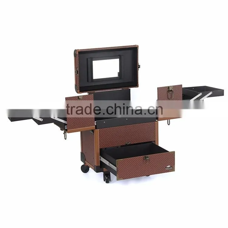 Hot selling professional cosmetic rolling PVC trolley case 360 degree makeup case with wheels