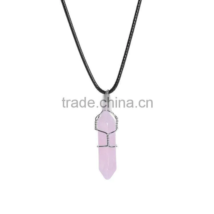 Big Promotion Rose Quartz Natural Stone Bullet Wire Necklace Earrings Jewelry Set SMJ0169