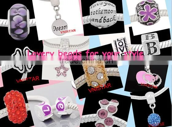 Vnistar antique Silver plated european beads with 6 pieces stone beads in different colors for bracelet, size in 11*13mm PBD1015