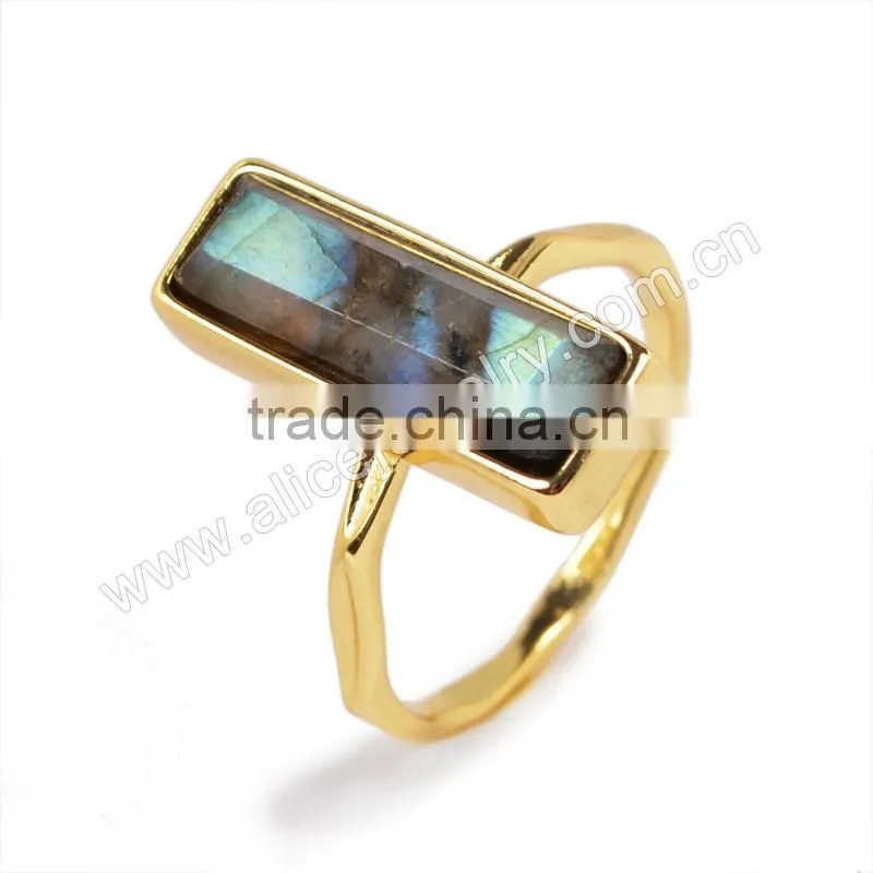 Natural faceted rectangle labradorite gemstone set into a 18k gold bezel ring