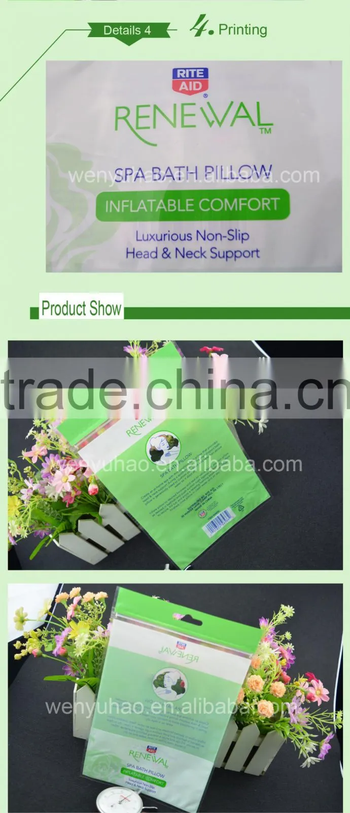 high quality factory wholesale PET+CPP 2 layers lamination header spa bath pillow packingbag with hanging hole
