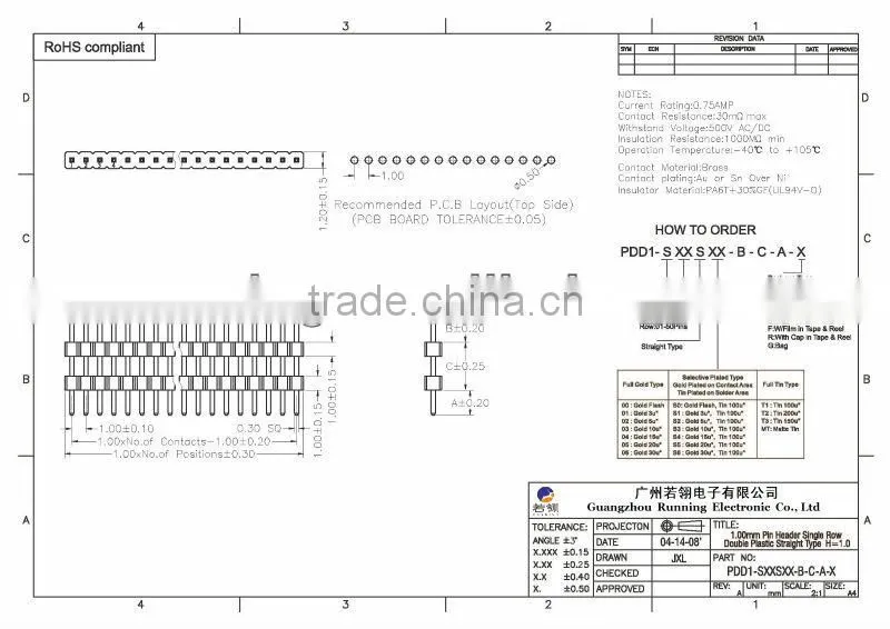 1.0mm Double Insulator Pitch Pin Header Single Row 180 H=1.0