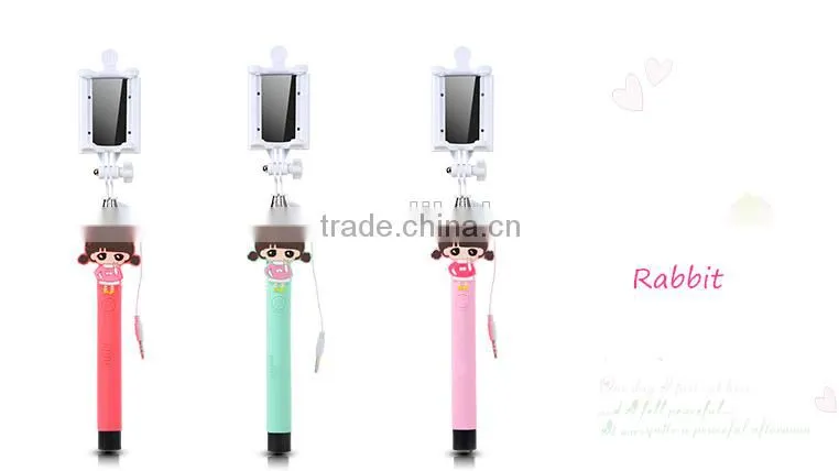 2015 Wholesale Lovely Cartoon Girl Design Portable Selfie Stick Wired Control