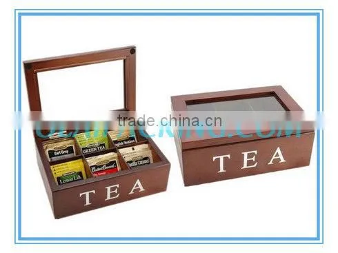 wooden tea box container glass lid with divisions