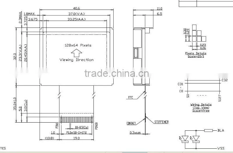 Chip-on-glass 3.3v COG 128x64 graphic lcd display