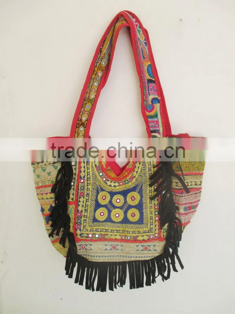 Leather Fringe Hand Bag Vintage Banjara Handbag Gypsy jari Banjara Bag