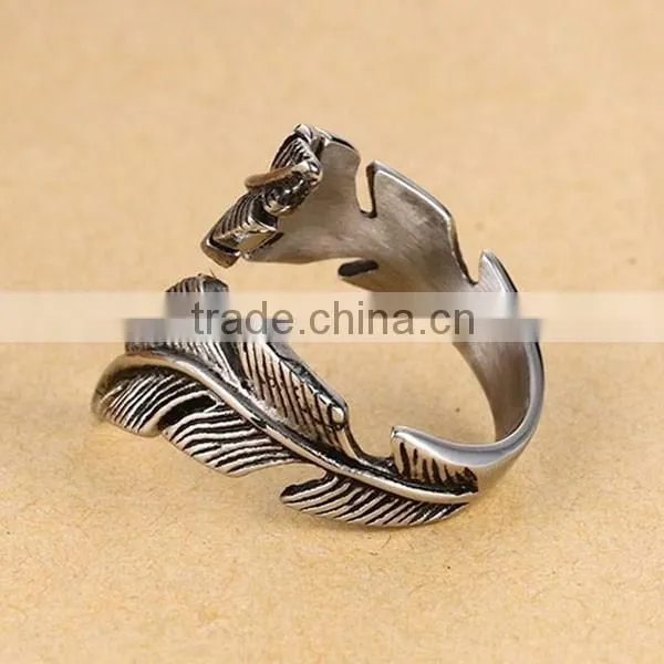 2016 Retro Style Feather Stainless Steel Cuff Ring