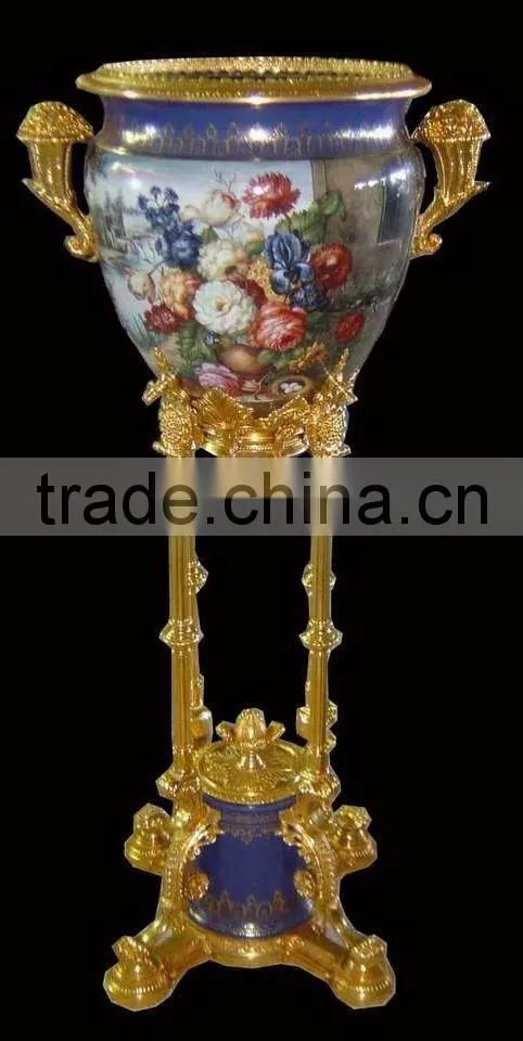Lovely Cherubim Flower Pot, Hand Painting Ceramic Gold Flower Bowl with Elegant Flowers Mounted